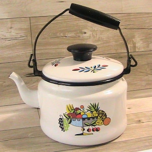 Kettle, Vintage Small White Enamelware Kettle with Fruit Design