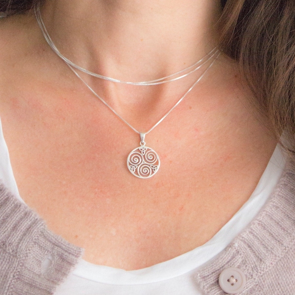 Triple Spiral Necklace Sterling Silver, Triskelion Pendant, Triskelion Trinity Celtic Jewelry, Silver Triskele necklace, Celtic knot jewelry