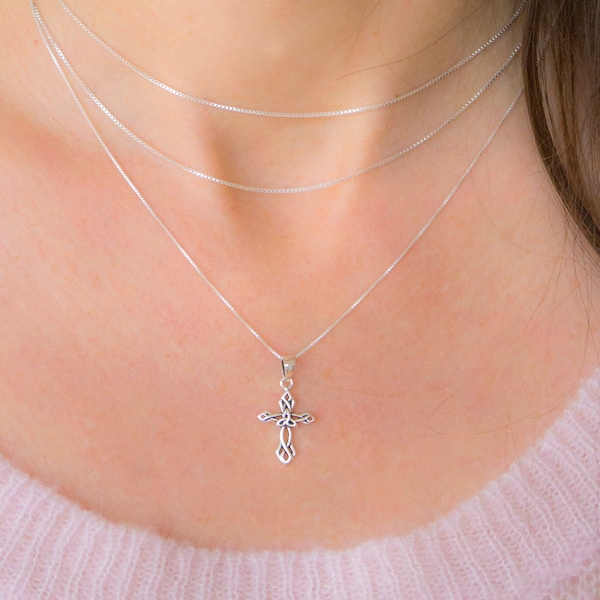 Dainty Silver Celtic Knot Cross Necklace, Small Celtic Cross Pendant, Trinity Cross Christening Necklace, Triquetra Celtic Cross Pendant