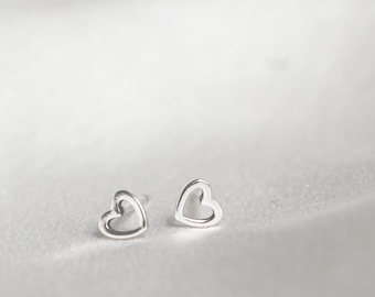 Tiny Heart Stud Earrings Sterling Silver, Open Heart Earrings, Birthday Heart Jewelry, Petite Heart Stud Earrings, Valentine's Heart Studs