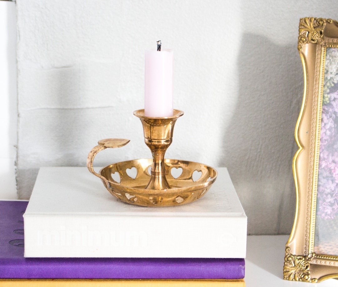 Vintage Brass Heart Chamber Candlestick Holder, Cute Heart Gold