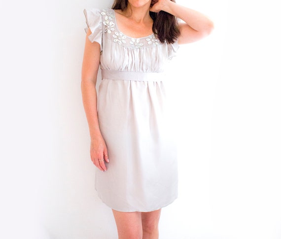 Beaded Sequin Wedding Dress, light grey silk Dress