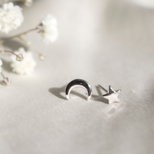 Mini Moon Star Stud Earrings in Sterling Silver, Moon Star Earrings, Petite Star Stud Earrings, Moon Ear Studs Silver, Celestial Jewelry