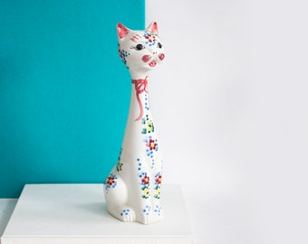 Vintage Italien long neck CAT Figurine, Collectable Mid Century 60's Italy hand painted cat figurine, Floral Painted Cat Ceramic Italy