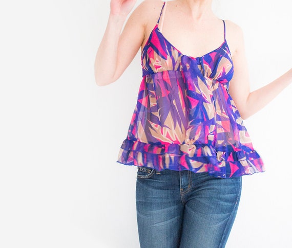 Tropical Silk Babydoll, Pink Violet sheer blouse,… - image 4