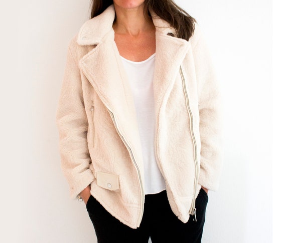 Beige Teddy Coat, Biker Teddy Jacket, Motorcycle W