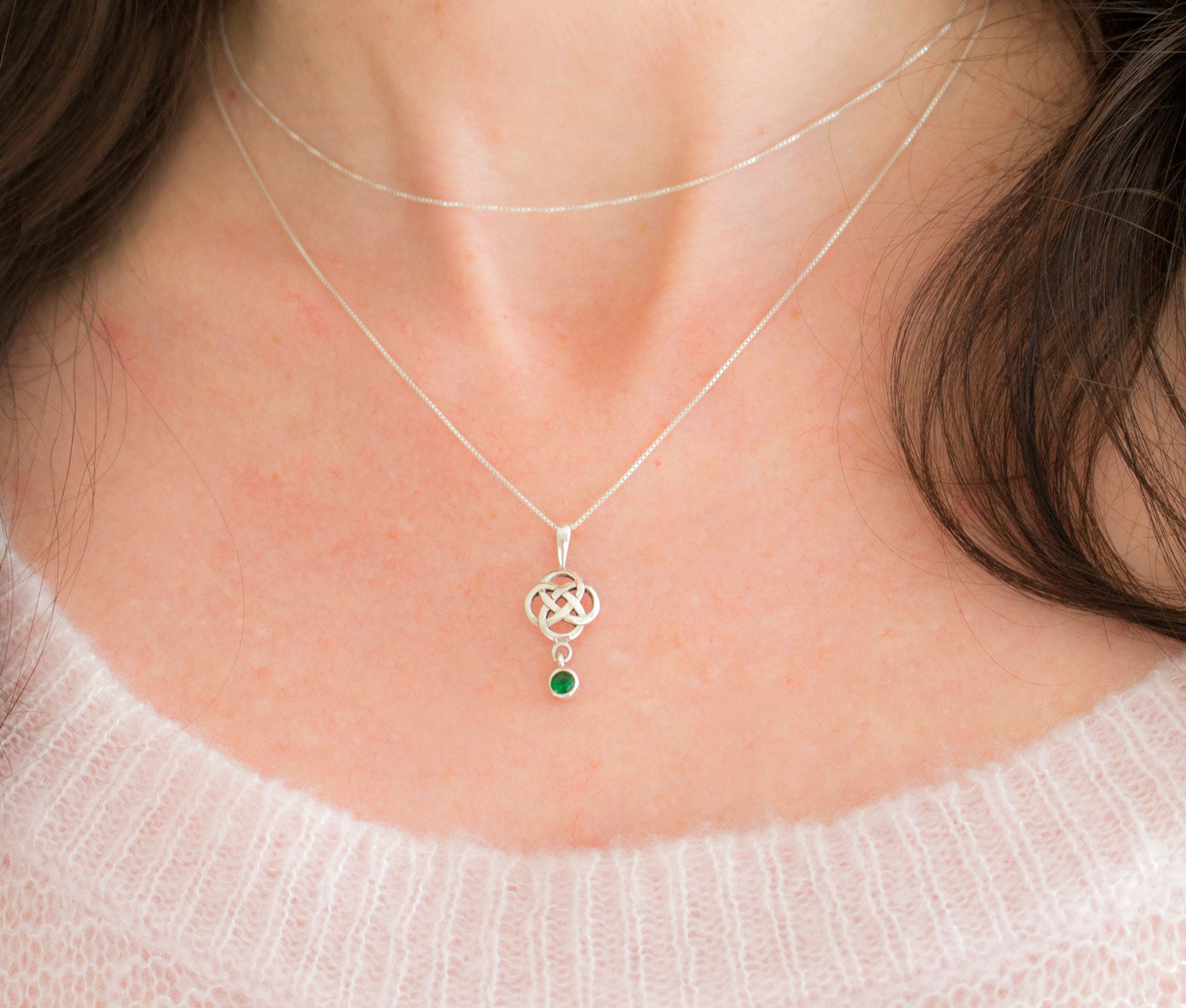 Emerald Gold Silver Celtic Trinity Knot Necklace