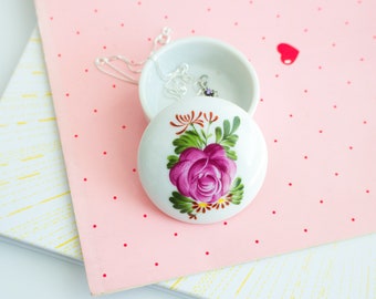 Vintage Cherry Blossom Porcelain Jewelry Box, Japan Tiny Blossom Trinket Box, Sakura Blossom jar lid, Wedding Ring Bearer Box Cherry Blossom