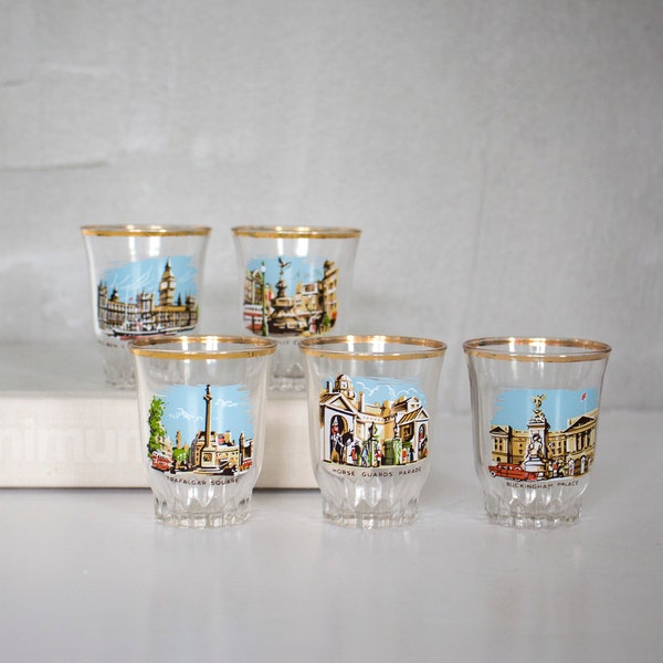Vintage London Shot Glasses, Set of 5 Shot Glasses Made in France London Landmarks, Gold Shot Glasses, Party Shot Glasses London Highlights