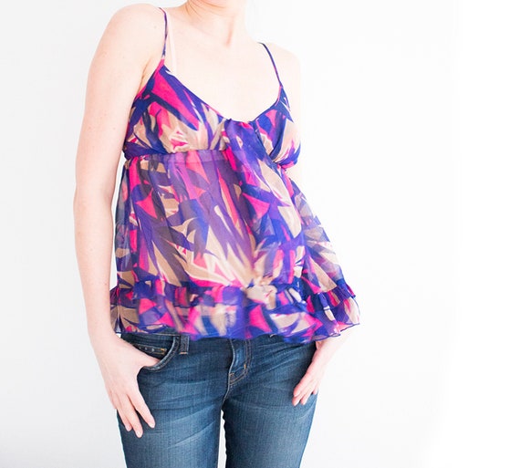 Tropical Silk Babydoll, Pink Violet sheer blouse,… - image 1