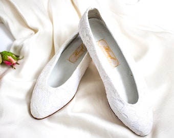 Weiße Spitze Ballerina Schuhe, Hochzeit Ballerinas 37, Spitze Braut Ballettschuhe UK4, Satinspitze Hochzeit Slip ons, Elfenbein Satin Spitze Balletschuh