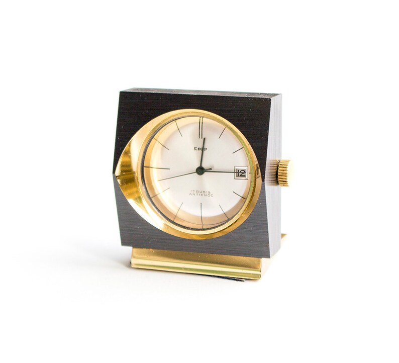 Gold Desk Clock Mid Century Office Decor Black German Small With Date Decorative Manual Clockwork Mechanism