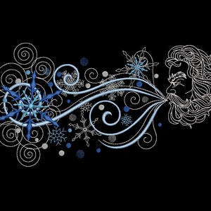 May include: A white and blue embroidered design of a man blowing snowflakes. The design features swirling lines, snowflakes, and dots.