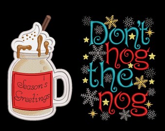 Dont hog the nog Eggnog adult christmas reading cushion book pocket pillow embroidery machine design file applique and quote 2 sizes include