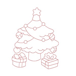 Puede incluir: Un dibujo en blanco y negro de un árbol de Navidad con adornos, una estrella en la parte superior y dos regalos debajo.
