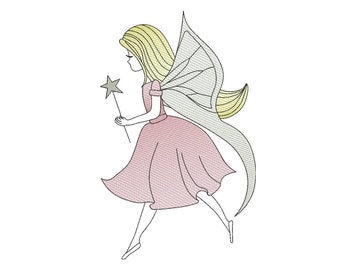May include: A whimsical illustration of a fairy in a pink dress with a star-tipped wand. The fairy has blonde hair and translucent wings. The design is outlined in black on a white background.