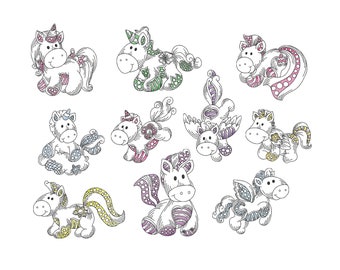 10 design Pack patchwork baby Unicorn Pegasus pony schetsen Embroidery Machine ontwerp bestand 3 maten lijnwerk kleur werkpaard