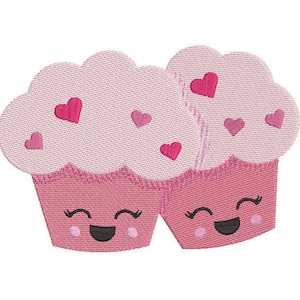 Pode incluir: Dois cupcakes cor-de-rosa com rostos felizes e corações cor-de-rosa no topo. Os cupcakes estão se tocando e parecem estar apaixonados.