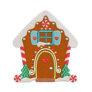 May include: A gingerbread house with a brown roof, white snow, green trees, red and white candy canes, and a blue window with red hearts.