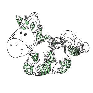 May include: A green and white line drawing of a unicorn with a flower on its side. The unicorn is sitting down with its tail curled up behind it.
