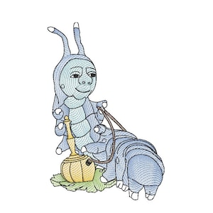 Alice in wonderland caterpillar sketch embroidery machine design file digital download three sizes included in all formats
