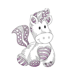 May include: A black and white line drawing of a cartoon unicorn with a purple heart on its chest. The unicorn has a curly mane and tail with stars and polka dots.