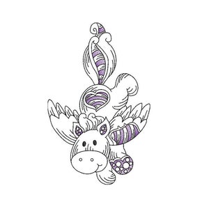 May include: A whimsical line art illustration of a winged horse, featuring a heart-shaped body and purple accents. The design includes detailed linework and a friendly expression, suitable for embroidery or crafting projects.