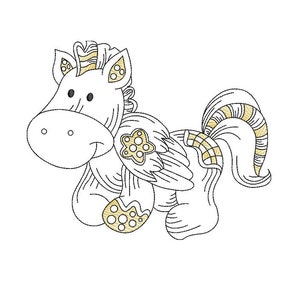 May include: A white cartoon unicorn with gold accents. The unicorn has a gold star on its wing, gold stripes on its tail, and gold polka dots on its hooves.
