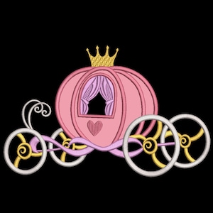 cinderella princess carriage applique machine embroidery design file includes 4 sizes all popular formats pes dst etc