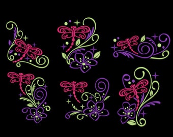 dragonfly sparkle 6 part bundle machine embroidery design 3 sizes