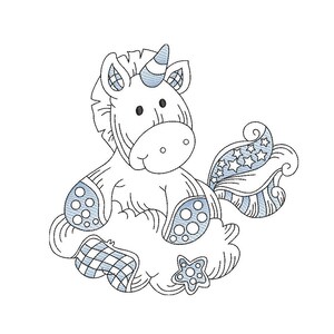 May include: A black and white line drawing of a unicorn sitting on a cloud. The unicorn has a horn, a mane, and a tail. The cloud is decorated with stars and swirls.