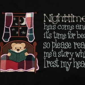 bedtime bear reading cushion book pocket pillow embroidery machine design file applique and quote 3 sizes included instant download
