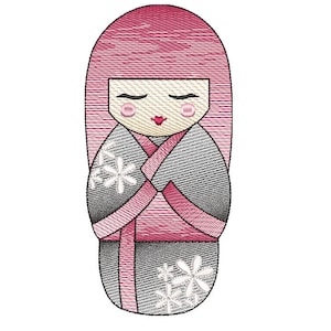 Japanese Kokeshi doll sheer fill quick stitch sketch style embroidery machine design file 5 sizes
