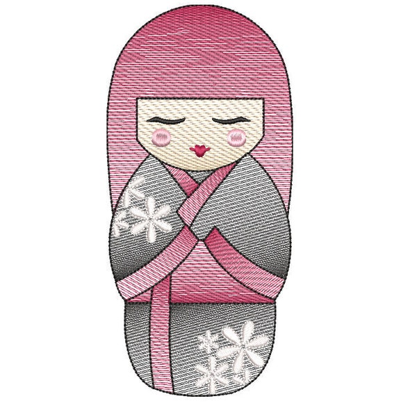 Japanese Kokeshi doll sheer fill quick stitch sketch style embroidery machine design file 5 sizes