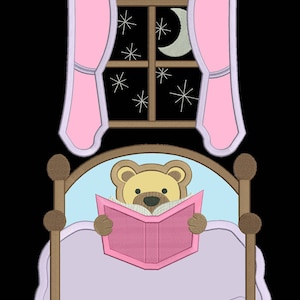 May include: A brown teddy bear wearing a pink shirt is lying in bed reading a pink book. The bed has a light blue headboard and a purple blanket. The window behind the bed has pink curtains and a view of a crescent moon and stars.