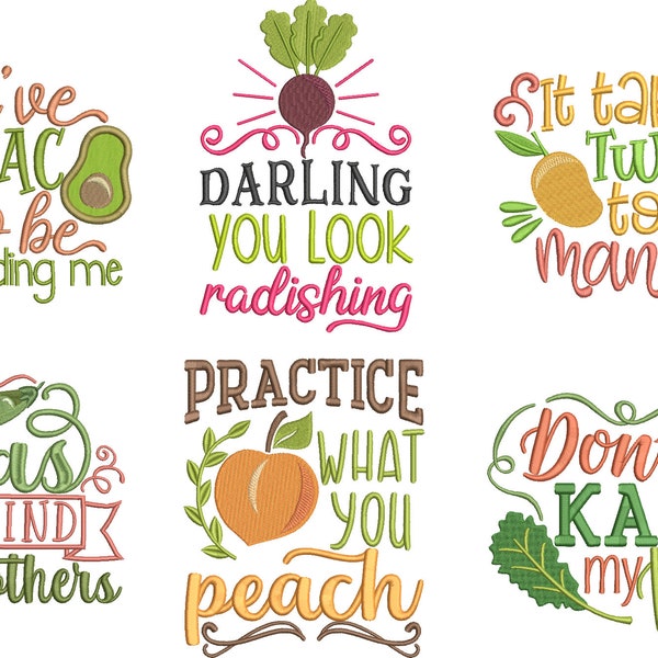 Bundle deal funny fruit & vegetables puns 6 part full collection one design free machine embroidery design dish towel tea towel