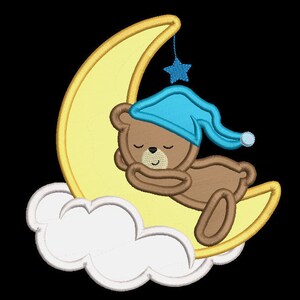 May include: A brown teddy bear wearing a blue sleep cap is sleeping on a yellow crescent moon. The moon is on top of a white cloud.