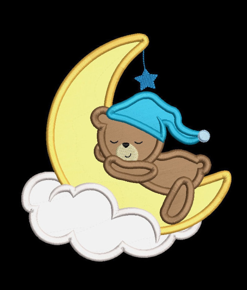 May include: A brown teddy bear wearing a blue sleep cap is sleeping on a yellow crescent moon. The moon is on top of a white cloud.