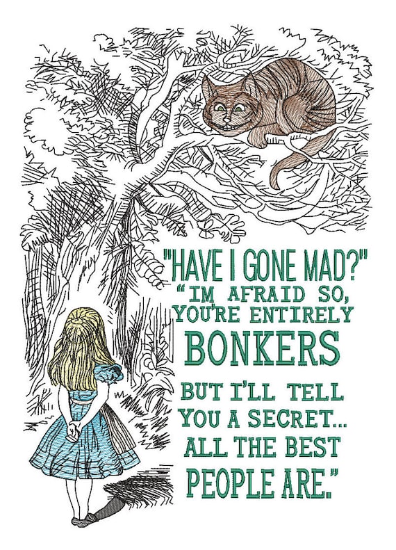 Alice in wonderland sketch embroidery machine design file digital download 3 sizes included in all formats