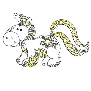 May include: A white unicorn with a yellow and white patterned mane, tail, and legs. The unicorn has a yellow flower on its side and a yellow horn.
