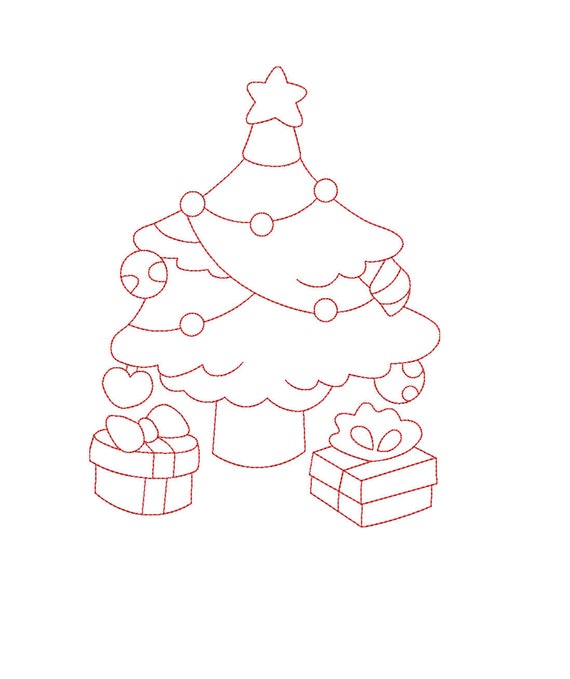 Christmas Tree Redwork 3 Sizes Embroidery Machine Design File Digital Color Work Linework