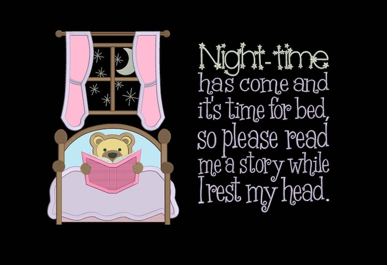 May include: A brown teddy bear wearing a pink shirt is lying in bed reading a pink book. The bed has a light blue headboard and a light purple blanket. The text on the image reads "Night-time has come and it's time for bed, so please read me a story while I rest my head."