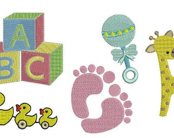 Bargain bundle 5 part embroidery machine file design set baby items 4 sizes included giraffe, rattle, blocks, duck toy & footprints