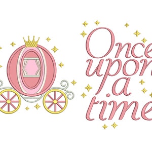 May include: Pink and gold carriage with a crown on top and the words "Once upon a time" in pink script with gold stars.