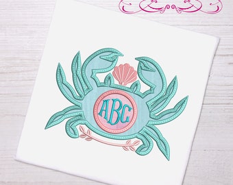 Nautical applique crab with shell detail monogram frame with circle 4 sizes add your own monogram machine embroidery design