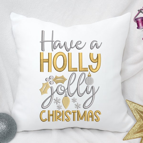 Holly Jolly Christmas machine Embroidery Design Gold & Silver (Digital Download)