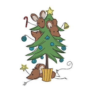 Sketchy christmas mice tree winter christmas embroidery machine design file 3 sizes included embroidery machine design files xmas