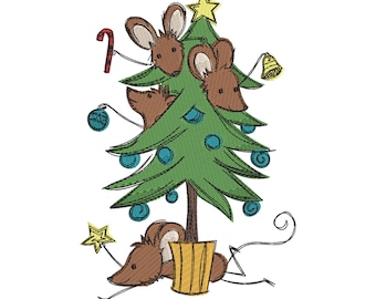 Sketchy christmas mice tree winter christmas embroidery machine design file 3 sizes included embroidery machine design files xmas