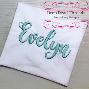 Evelyn Script machine embroidery font alphabet design file 3 sizes available in BX, PES, JEF & other formats