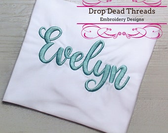 Evelyn Script machine embroidery font alphabet design file 3 sizes available in BX, PES, JEF & other formats